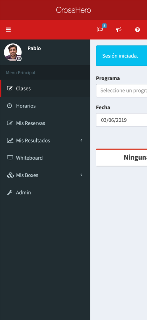 CrossHero - CrossHero mobile app sidebar menu showing navigation options like classes schedules and workout results