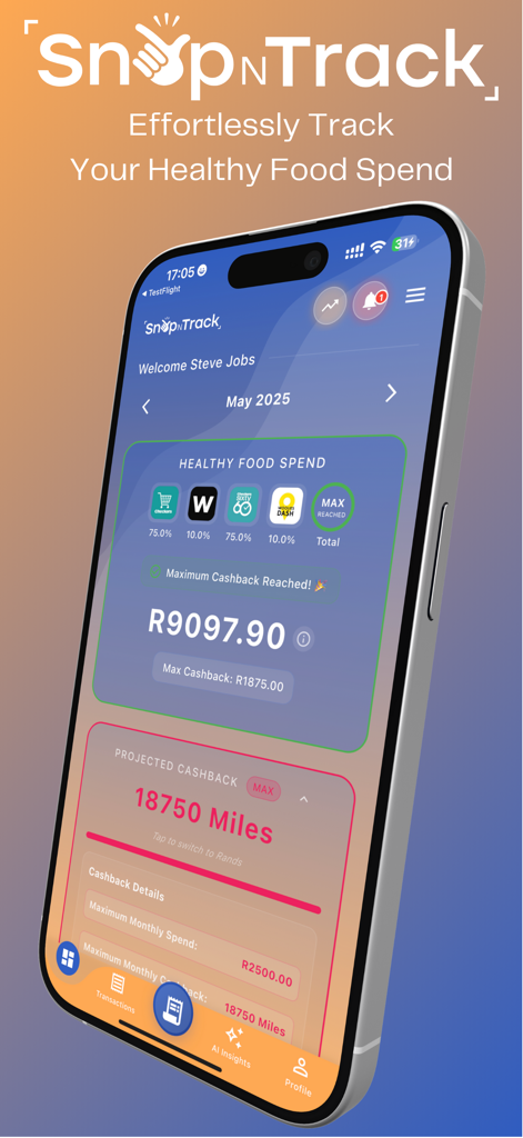 Snap N Track - Pantalla de la aplicación móvil Snap N Track que muestra el análisis de gastos de comestibles y el seguimiento de recompensas