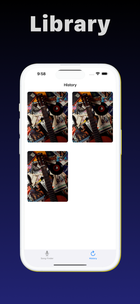 History screen of the Music Identifier app showing a collection of identified songs in a library view