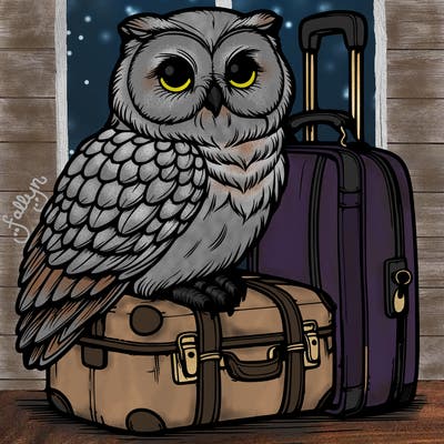 realistic owl sitting on luggage