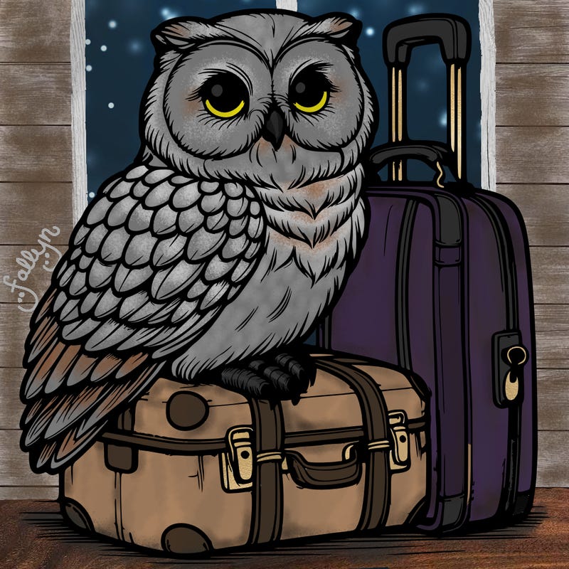 realistic owl sitting on luggage