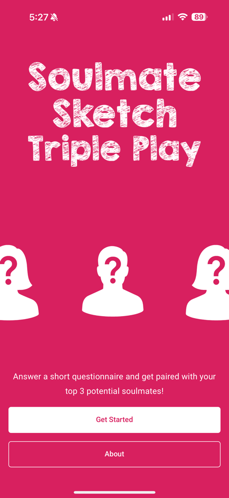 Soulmate Sketch Triple Play - Écran d'accueil de l'application Soulmate Sketch Triple Play présentant trois silhouettes d'âmes sœurs sur fond rose.