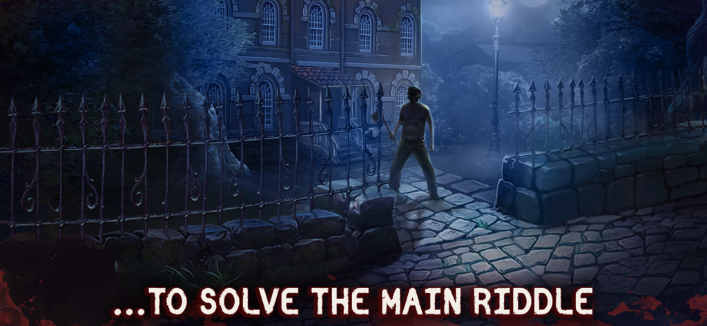 A scary man with an axe standing outside a spooky mansion at night