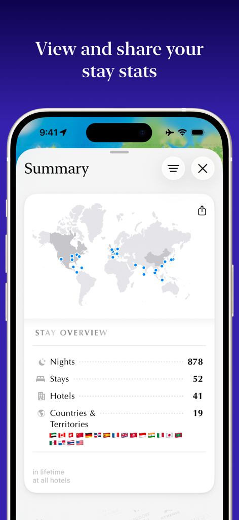 Awaybook: Hotel Tracker - A summary screen in the Awaybook app displaying travel statistics and a world map with stay locations.