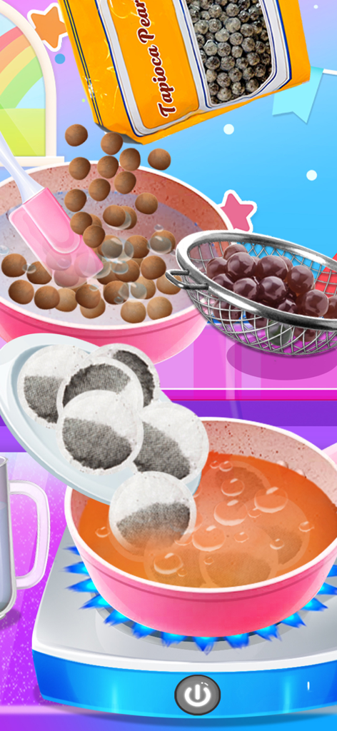 Una colorida pantalla de juego móvil que muestra bolsas de té añadiéndose a una olla hirviendo y perlas de tapioca preparándose para bubble tea.