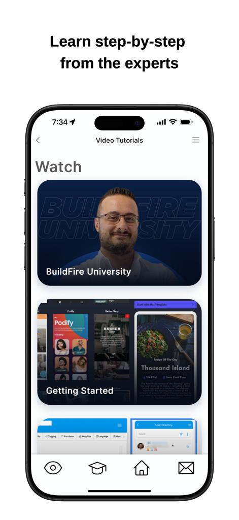 Buildfire - BuildFire app interface showing step-by-step video tutorials from experts for app development.