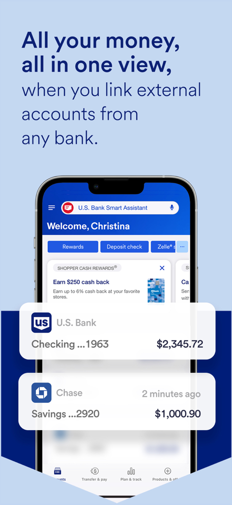 U.S. Bank mobile app interface showing the ability to link and view balances from external banks like Chase.