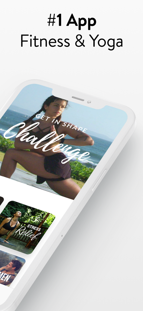 Smartphone-Bildschirm mit Asana Rebel Yoga- und Fitness-Workouts sowie Herausforderungen