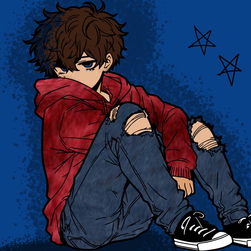a male hoddie ripped jeans messy hair anime