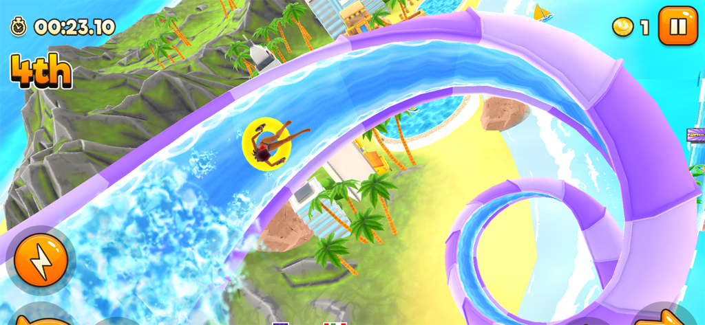 Uphill Rush Water Park Racing - Un personaggio in un ciambellone giallo scende lungo uno scivolo a spirale viola in un resort tropicale