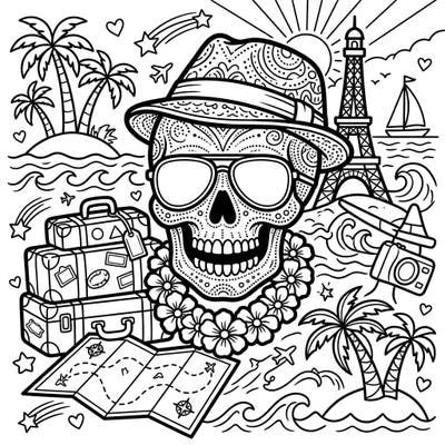 Get ready for an adventure with this unique Dot Work Skull Vacation coloring page! This intricate design brings together detailed dot work artistry with the excitement of world travel, perfect for an engaging coloring experience.