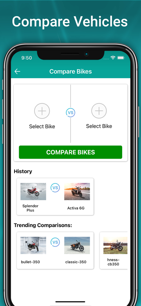Vehicle Info - Vahan Master - Mobile app screen showing a feature to compare different bike models side by side with trending comparisons like Bullet 350 and Classic 350