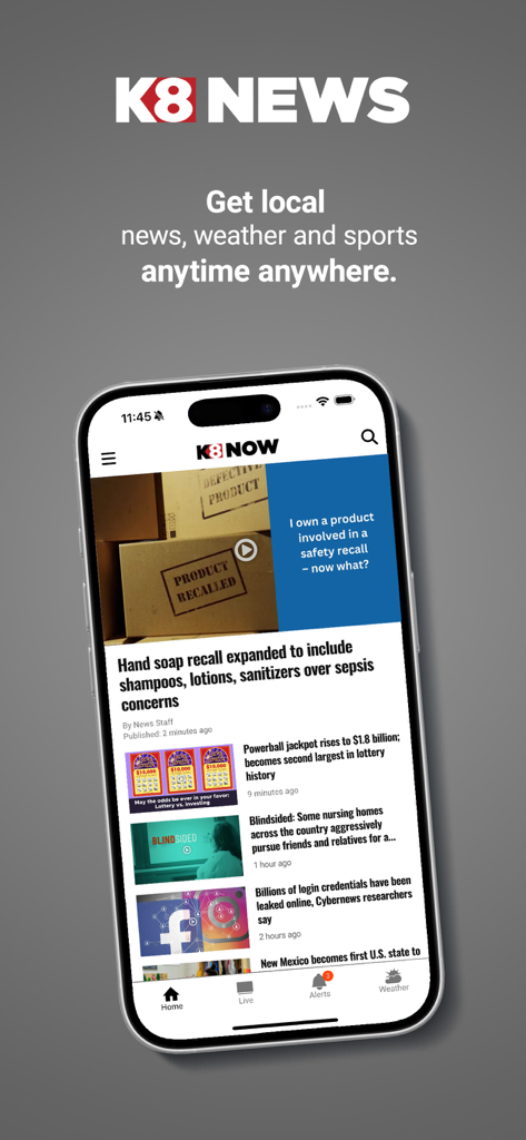 Interface do aplicativo K8 News KAIT mostrando manchetes de notícias locais em um smartphone