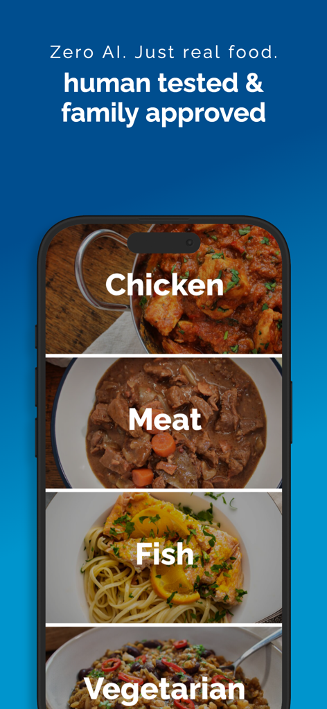 Mobile App-Bildschirm für Food For Fitness mit Hochprotein-Rezeptkategorien wie Huhn, Fleisch, Fisch und vegetarisch