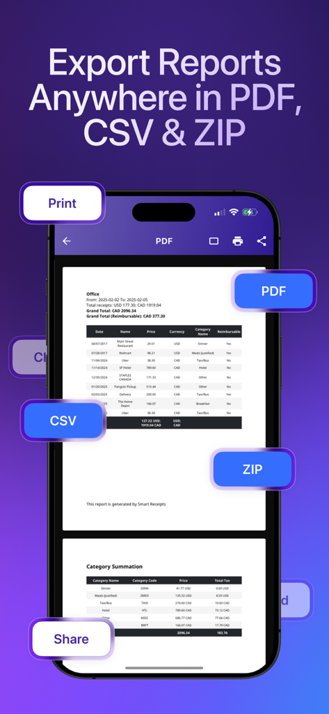 Smart Receipts: Expenses & Tax - Smart Receipts app screen showing export options for expense reports in PDF CSV and ZIP formats