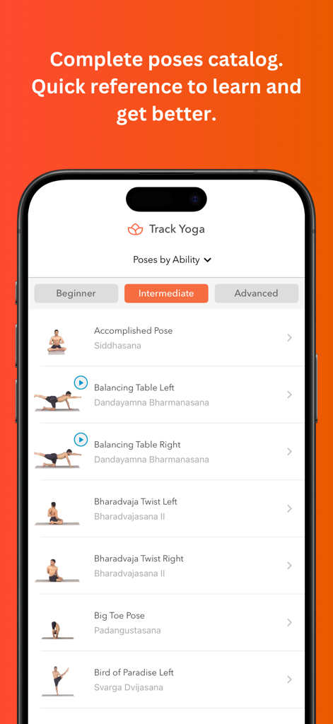 Track Yoga – A Simple Yoga App - Interfaz de la aplicación Track Yoga que muestra un catálogo de posturas de yoga intermedias con ilustraciones y nombres