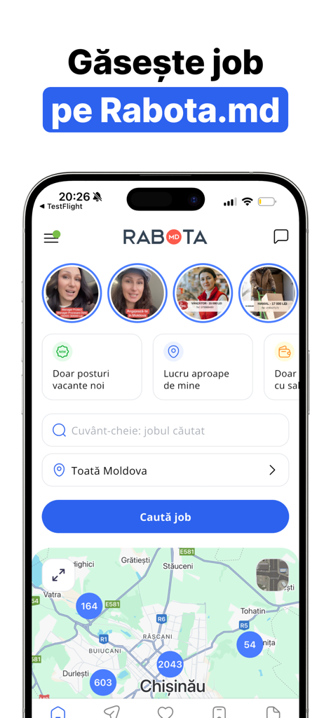 Rabota.md - Rabota.md job search app interface with keyword search and vacancy map of Moldova.