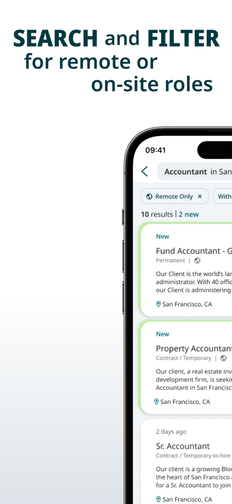 Écran de recherche de l'application mobile Robert Half montrant des offres d'emploi à distance pour comptables.