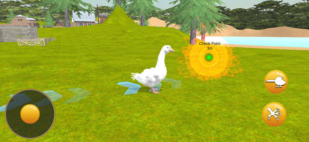 Crazy Goose Duck Tales - Un ganso blanco parado en un campo de hierba cerca de un punto de control brillante en el juego Crazy Goose Duck Tales.