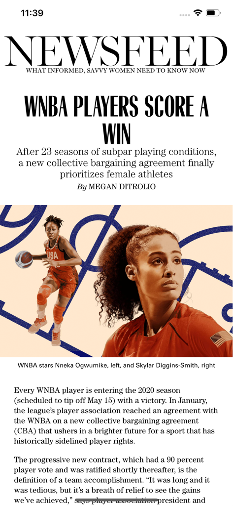 Marie Claire Magazine US - A newsfeed article in the Marie Claire app titled WNBA Players Score A Win regarding female athlete rights.