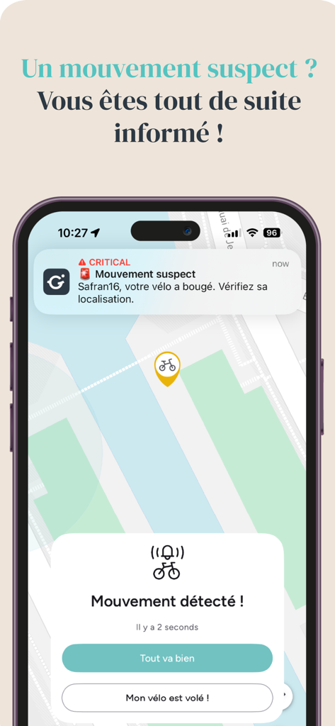 GAYA - GAYA app showing a critical suspicious movement notification and real time bike tracking on a map