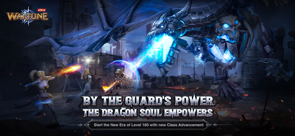 Wartune Ultra - A group of fantasy heroes fighting a giant skeletal blue dragon in Wartune Ultra