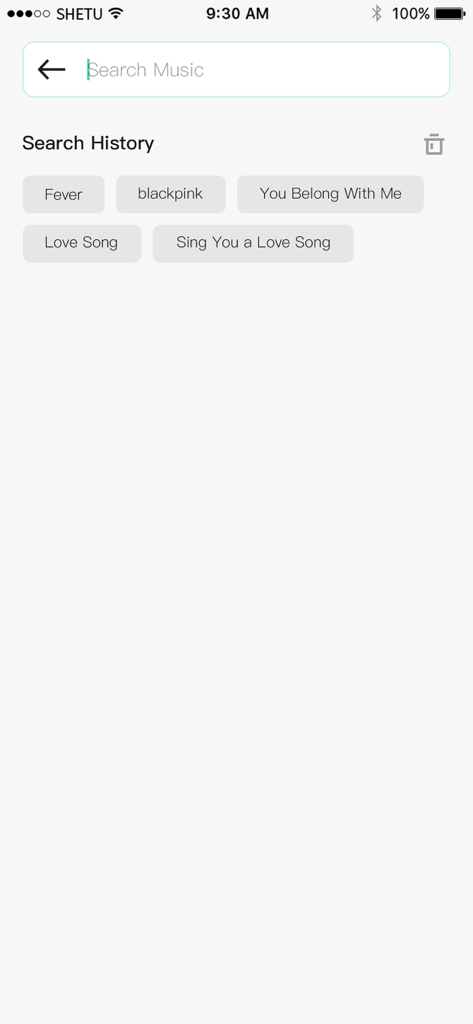 Interfaz de búsqueda de música que muestra la barra de búsqueda y las etiquetas de historial en el reproductor de mp3 sin conexión