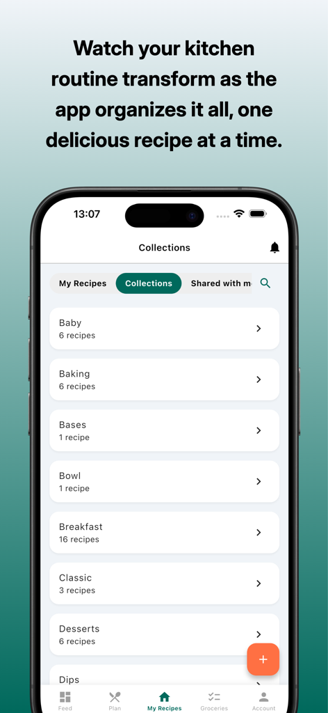 My Meals app interface showing recipe collections organized by categories like baking and breakfast