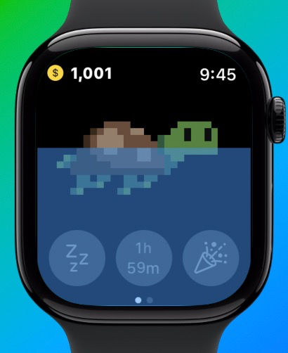 Pixel Paws - Virtual Pet Toy - Tartaruga em arte pixel nadando na água em uma tela de Apple Watch