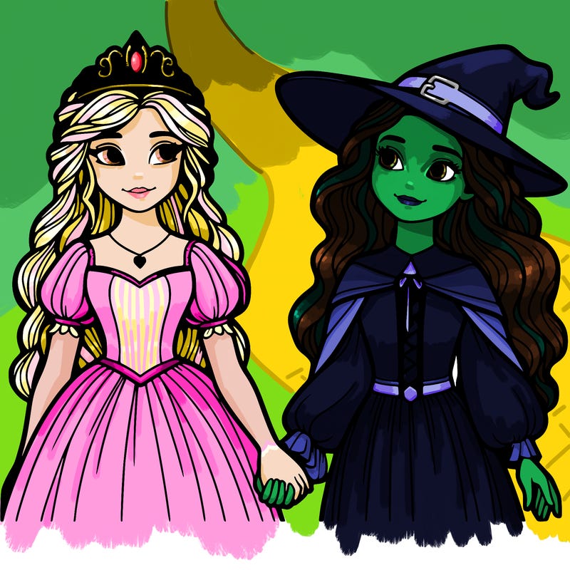 a princess and a witch holding hands realistic