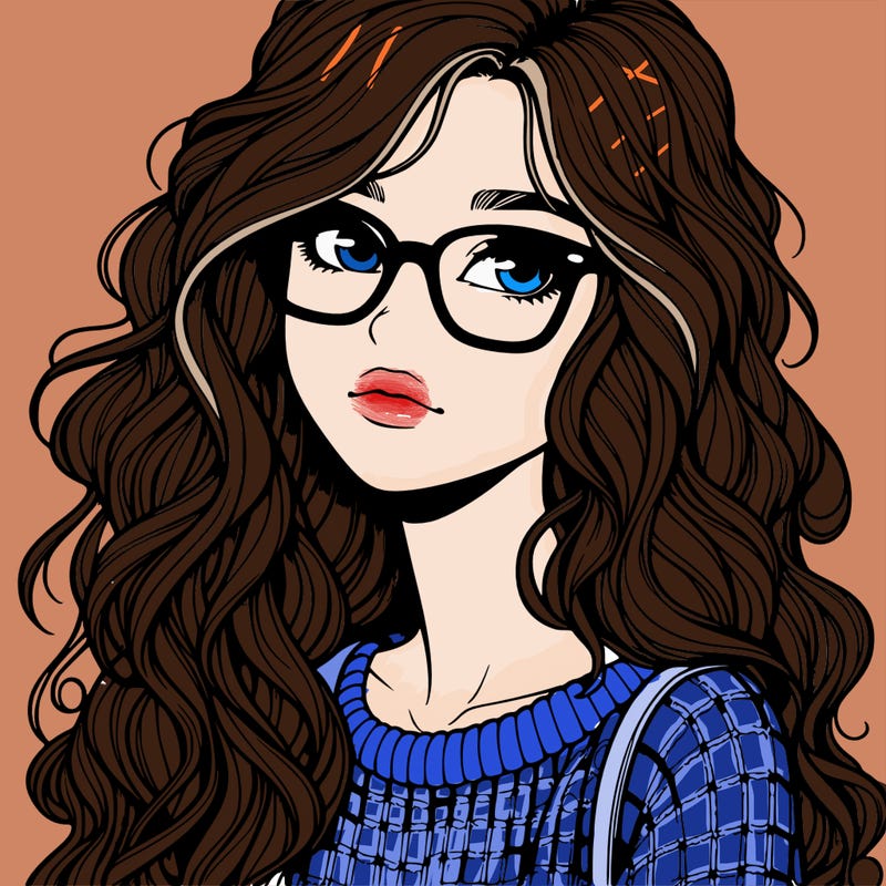 realistic teen girl with wavy long hair with a sweater and glasses