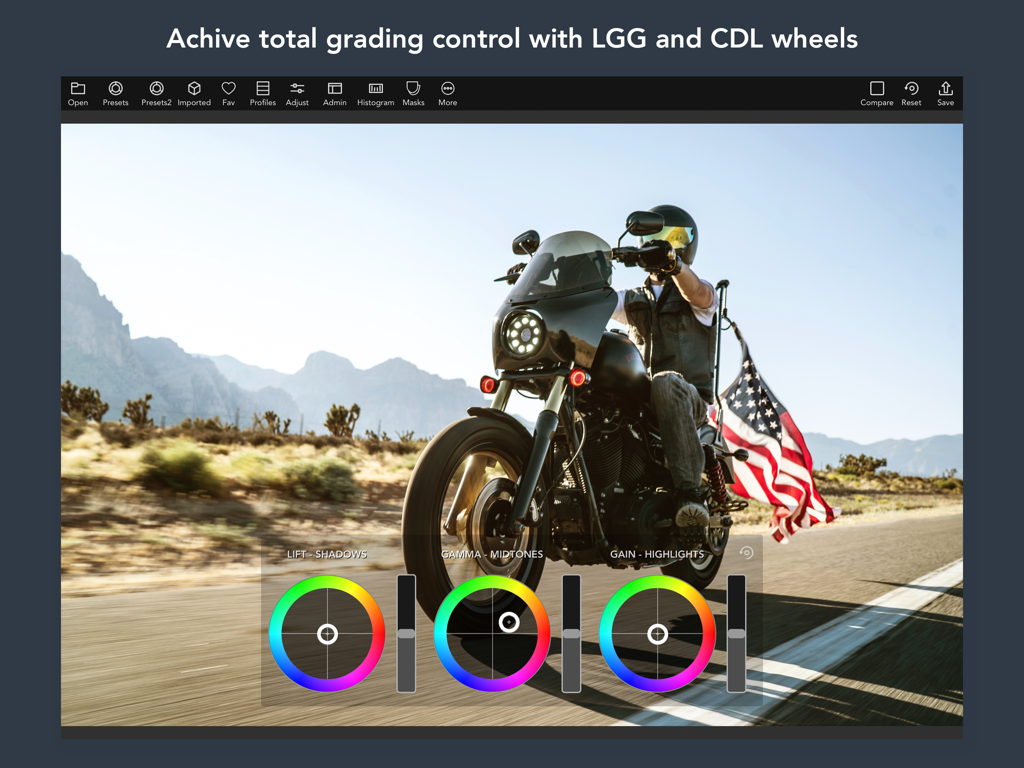 VideoLUT - Color Grade Editor - iPadでシネマティックなビデオを編集するために使用されるLGGおよびCDLホイールを表示するプロ仕様のカラーグレーディングインターフェース