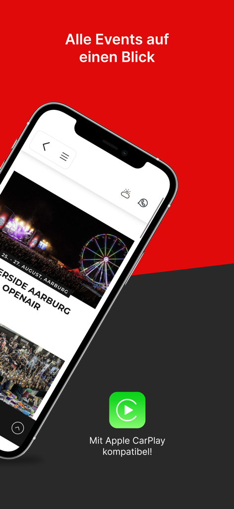 Virgin Radio Switzerland app events screen with Apple CarPlay logo