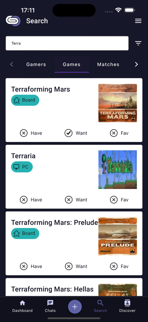Gamers.Online: LFG & Friends - Die Suchseite der Gamers.Online-App mit einer Liste von Video- und Brettspielen wie Terraforming Mars und Terraria.