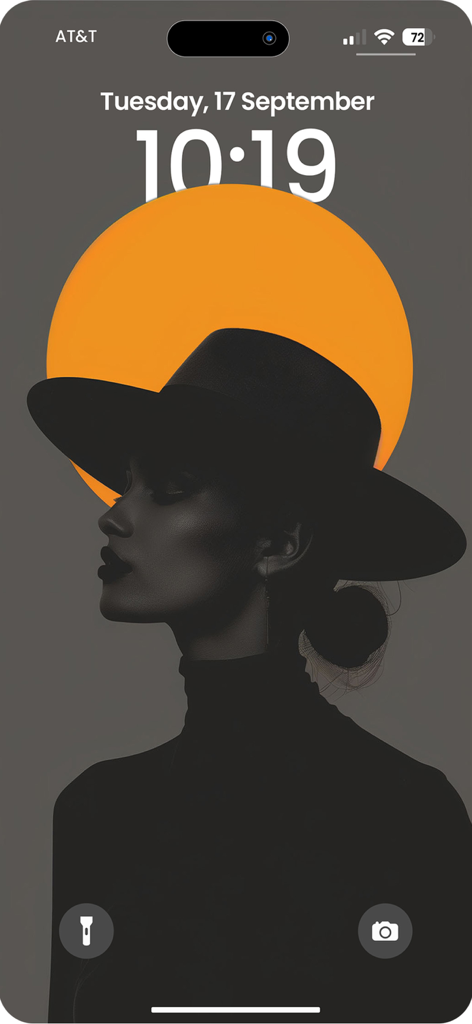 Minimalist silhouette of a woman in a wide-brimmed hat with a large orange sun in the background on an iPhone lock screen