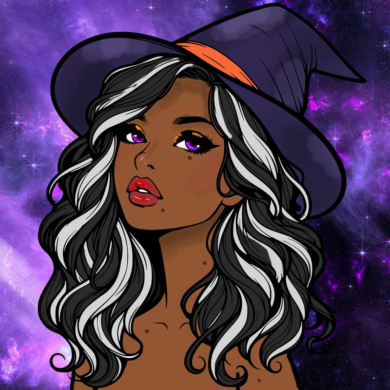realistic witch girl with wavy hair and lips