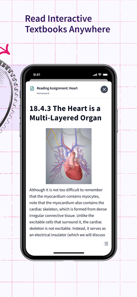 Smartphone screen showing an interactive textbook reading assignment about the human heart in the Top Hat app