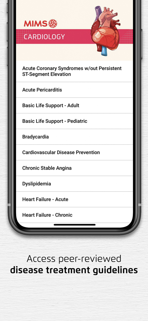 MIMS Thailand app screen showing cardiology disease treatment guidelines