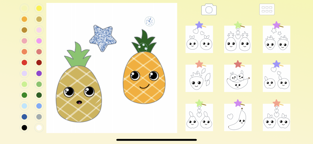Fruit Coloring for Kid Toddler - Interface of the Fruit Coloring for Kid Toddler app featuring a pineapple coloring page with a vibrant color palette and a gallery of other fruits