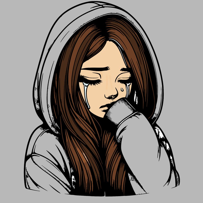 realistic girl crying with eyes closed with long hanging out of hoodie that is on her head