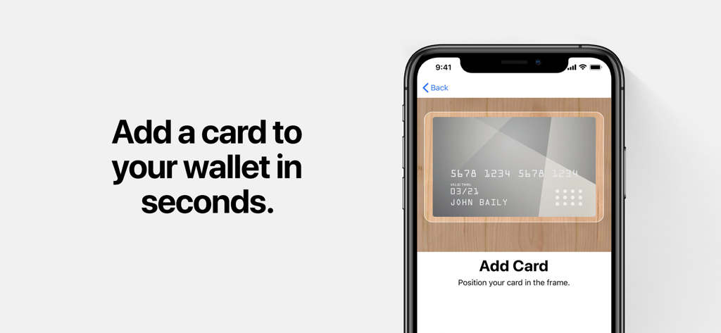 Uma tela de iPhone demonstrando como adicionar um cartão de crédito à Apple Wallet escaneando-o com a câmera.