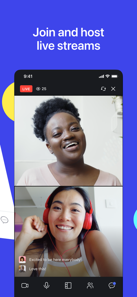 Circle Communities mobile app showing a live video stream with two participants and real-time chat comments