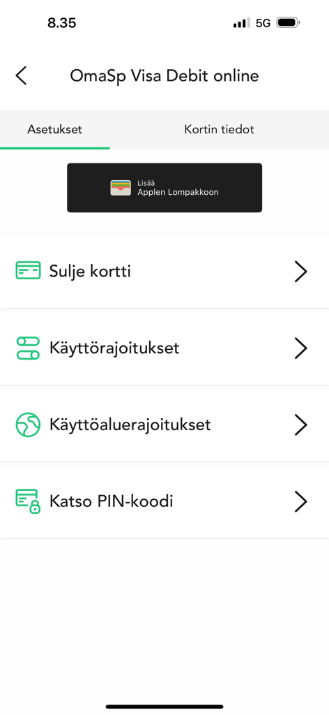 Écran de l'application OmaMobiili pour la gestion des paramètres et des fonctions de sécurité de la carte de débit Visa