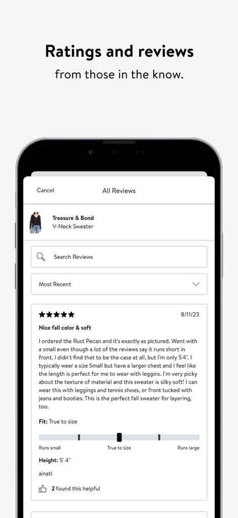 A detailed customer review and rating page for a sweater on the Nordstrom mobile app