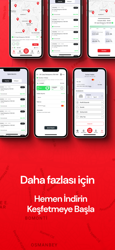 Six smartphone screens displaying the e-POwer electric vehicle charging app features including station map charging logs and payment settings