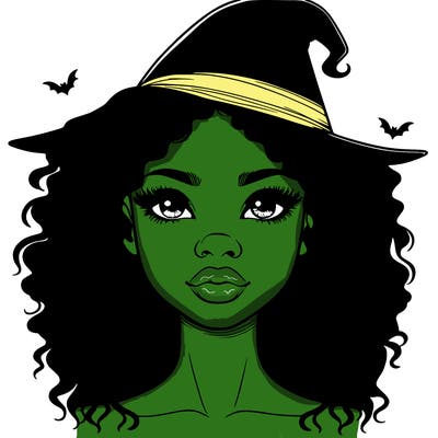 realistic black girl with wavy hair and witch hat and nose and lips