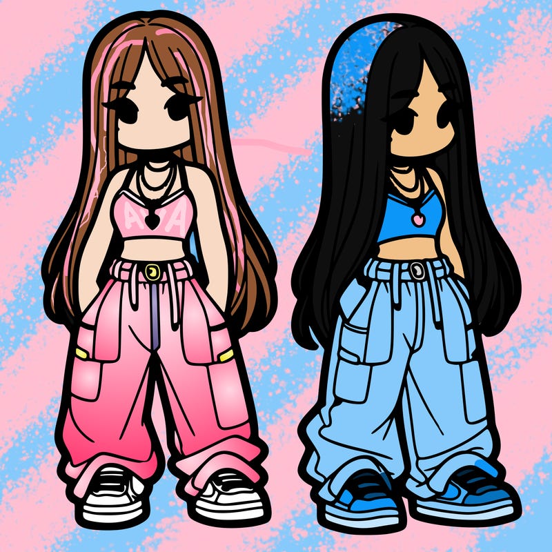 girl in baggy pants crop top and long hair