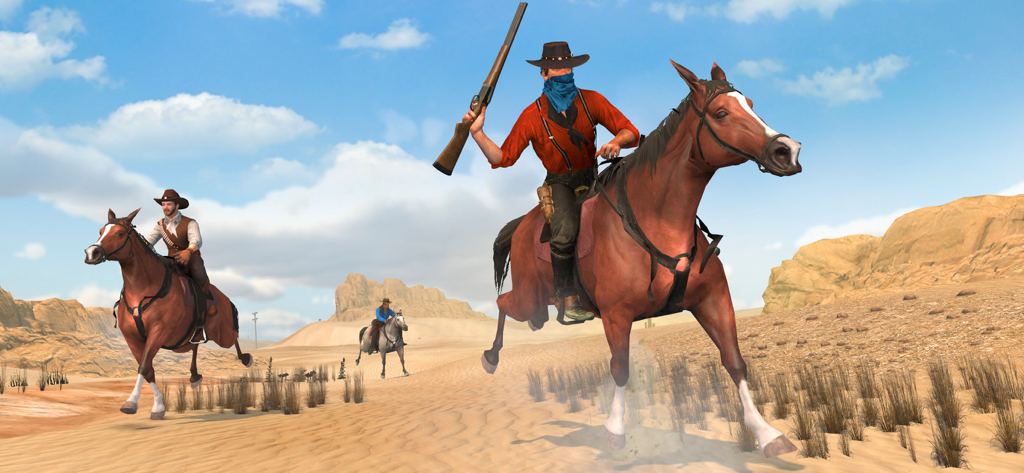 A cowboy on horseback holding a shotgun in a desert landscape with other riders
