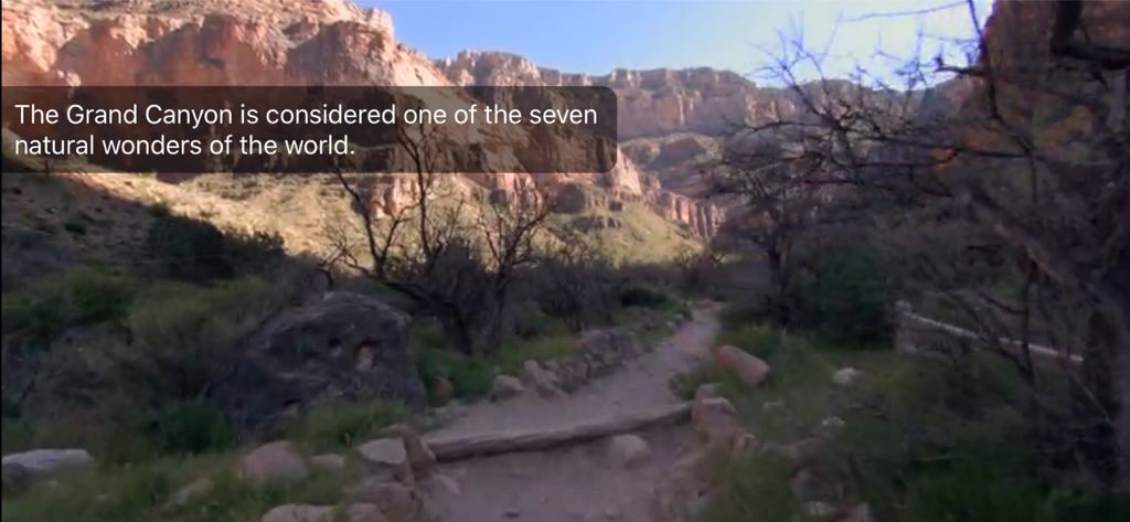 Virtual Active - First person view of a virtual hiking trail in the Grand Canyon with an informational popup text.