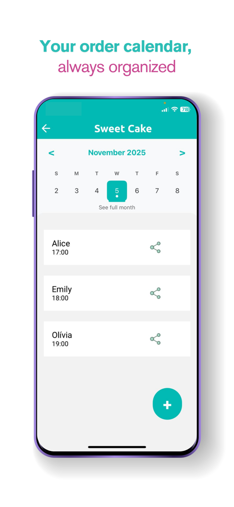 Cake - Schedule - Interfaz de la app móvil Cake Schedule mostrando un calendario de pedidos diario para un negocio de repostería con citas programadas de clientes.